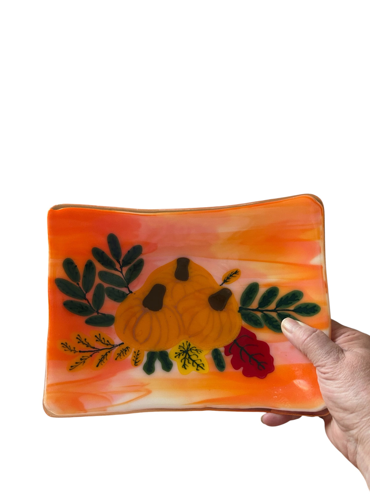 Homemade Fused Glass Tray with Thanksgiving Pumpkins