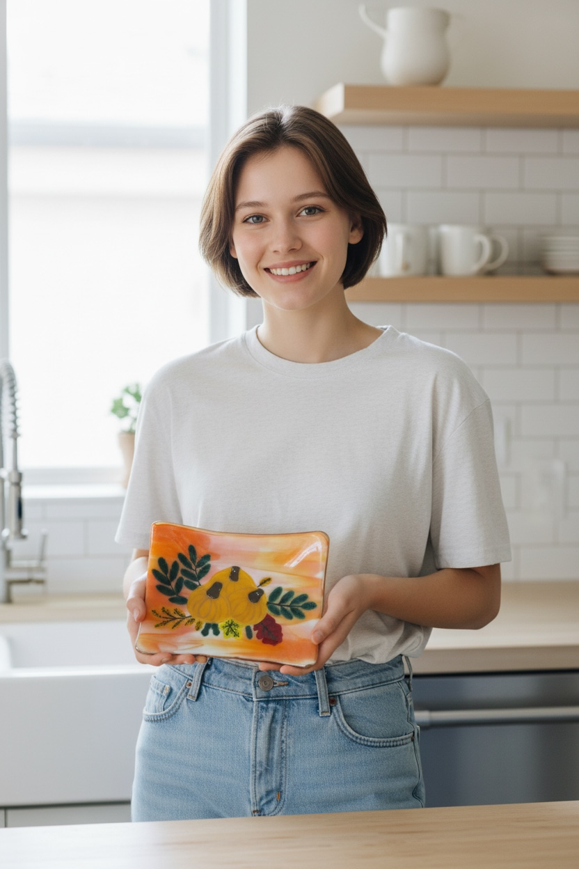 Homemade Fused Glass Tray with Thanksgiving Pumpkins