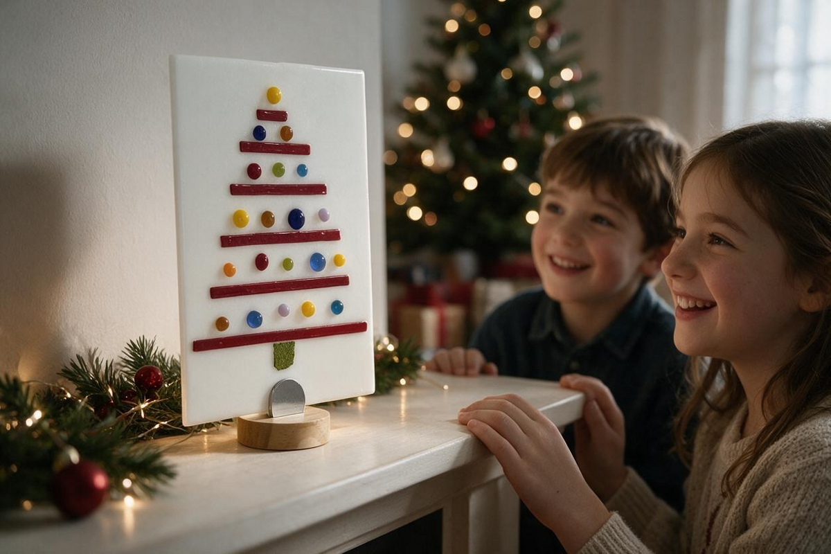 Homemade Fused Glass Abstract Christmas Tree with Multicolor Lights
