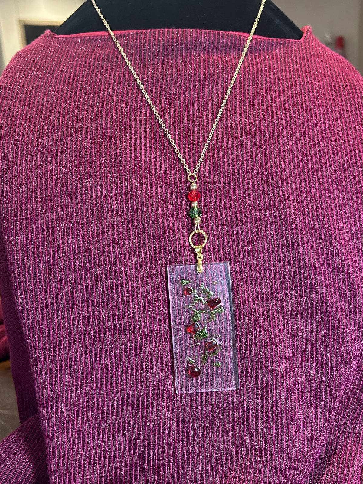 Homemade Fused Glass Pendant Necklace with Holly Berry Design