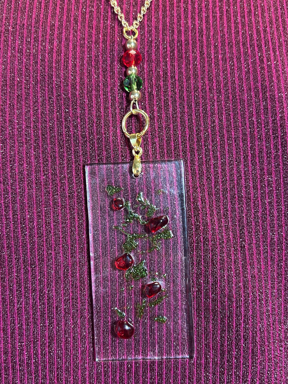 Homemade Fused Glass Pendant Necklace with Holly Berry Design
