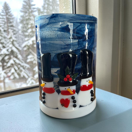 Homemade Fused Glass Candle Shield with Snowmen
