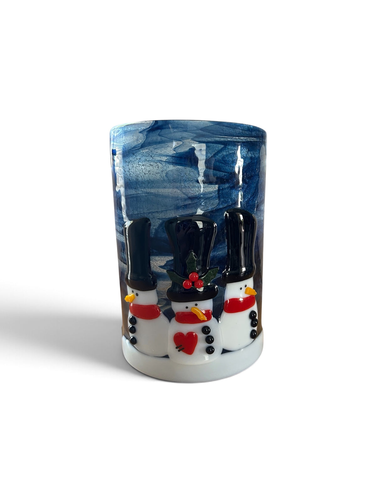Homemade Fused Glass Candle Shield with Snowmen