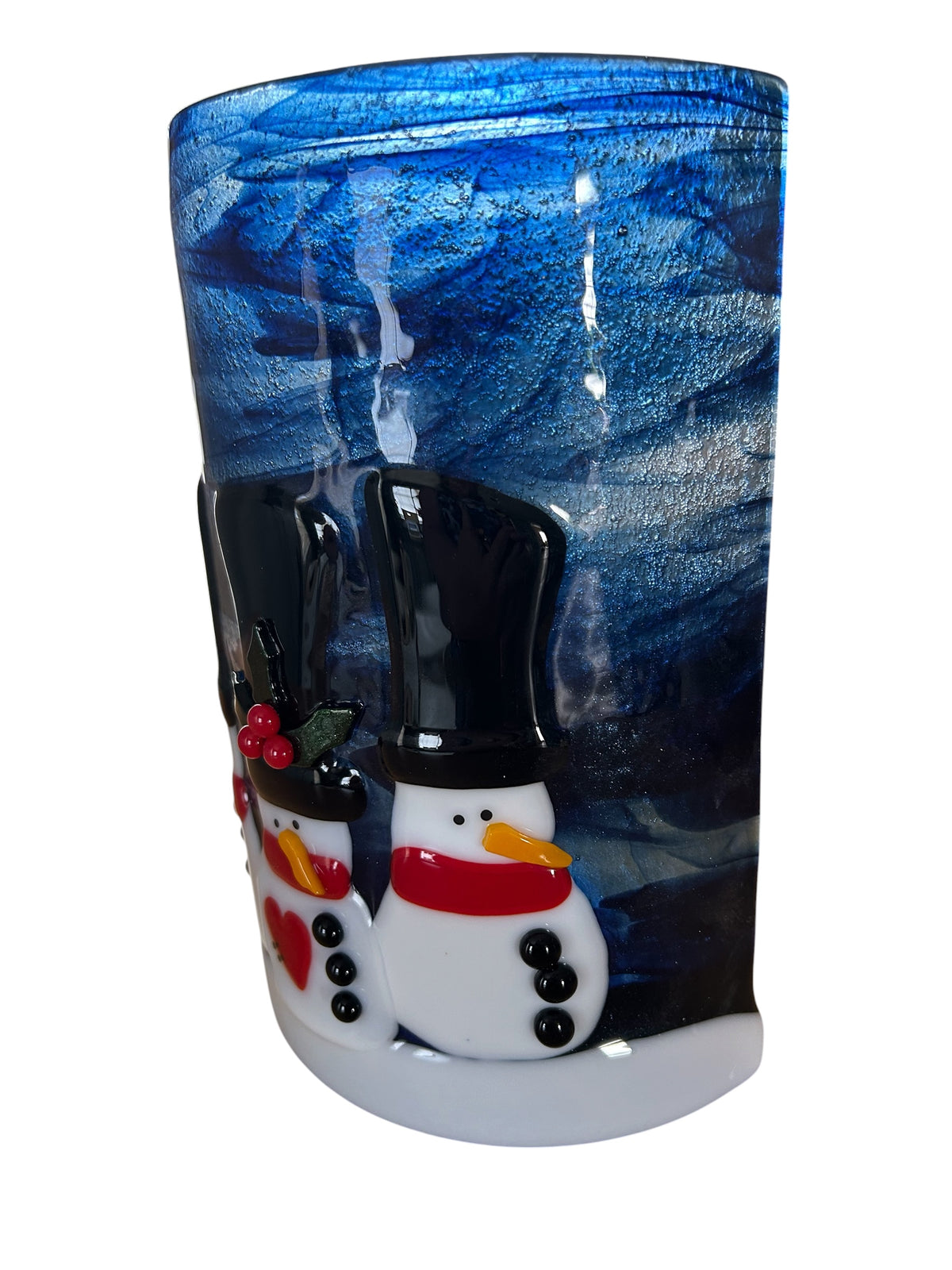 Homemade Fused Glass Candle Shield with Snowmen