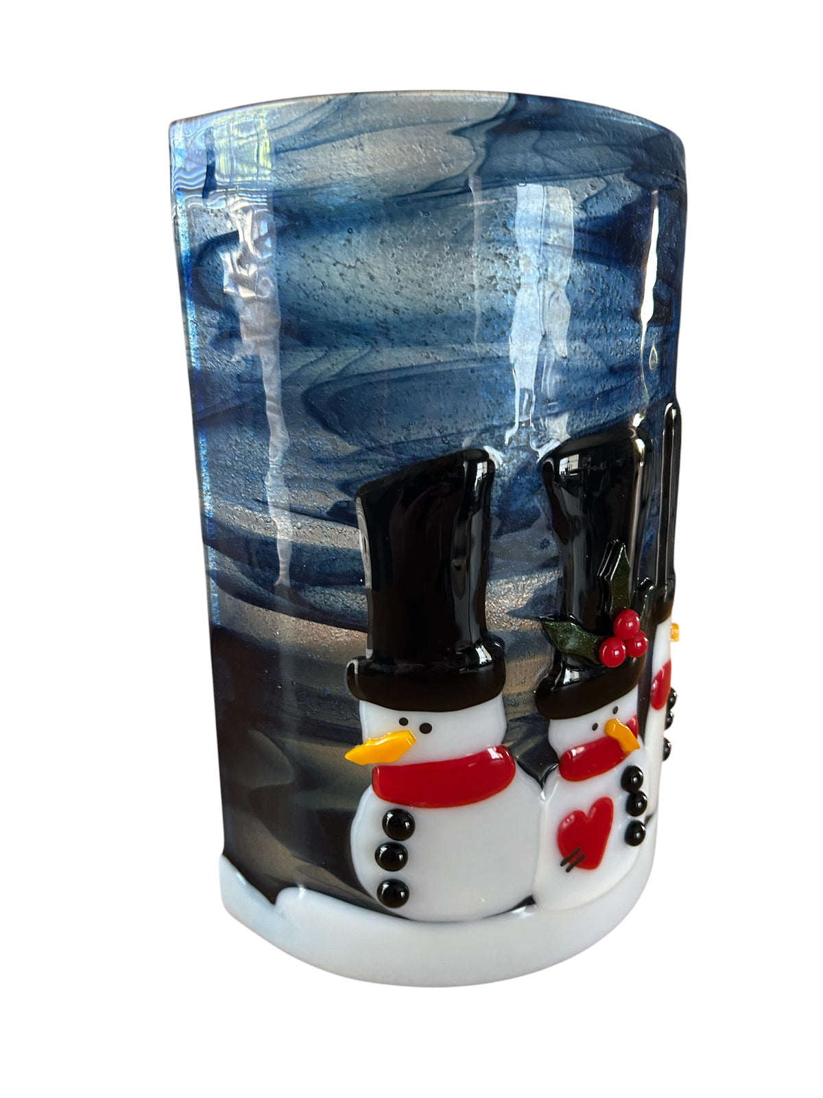 Homemade Fused Glass Candle Shield with Snowmen