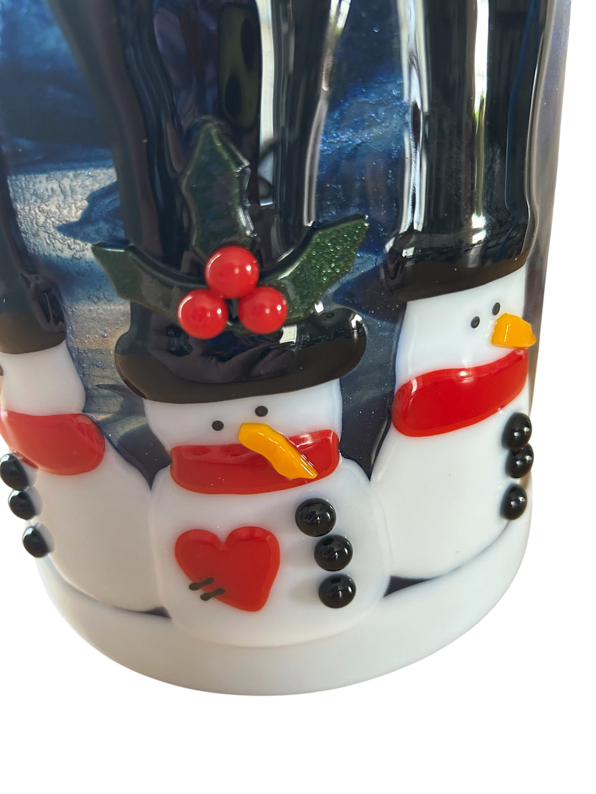 Homemade Fused Glass Candle Shield with Snowmen