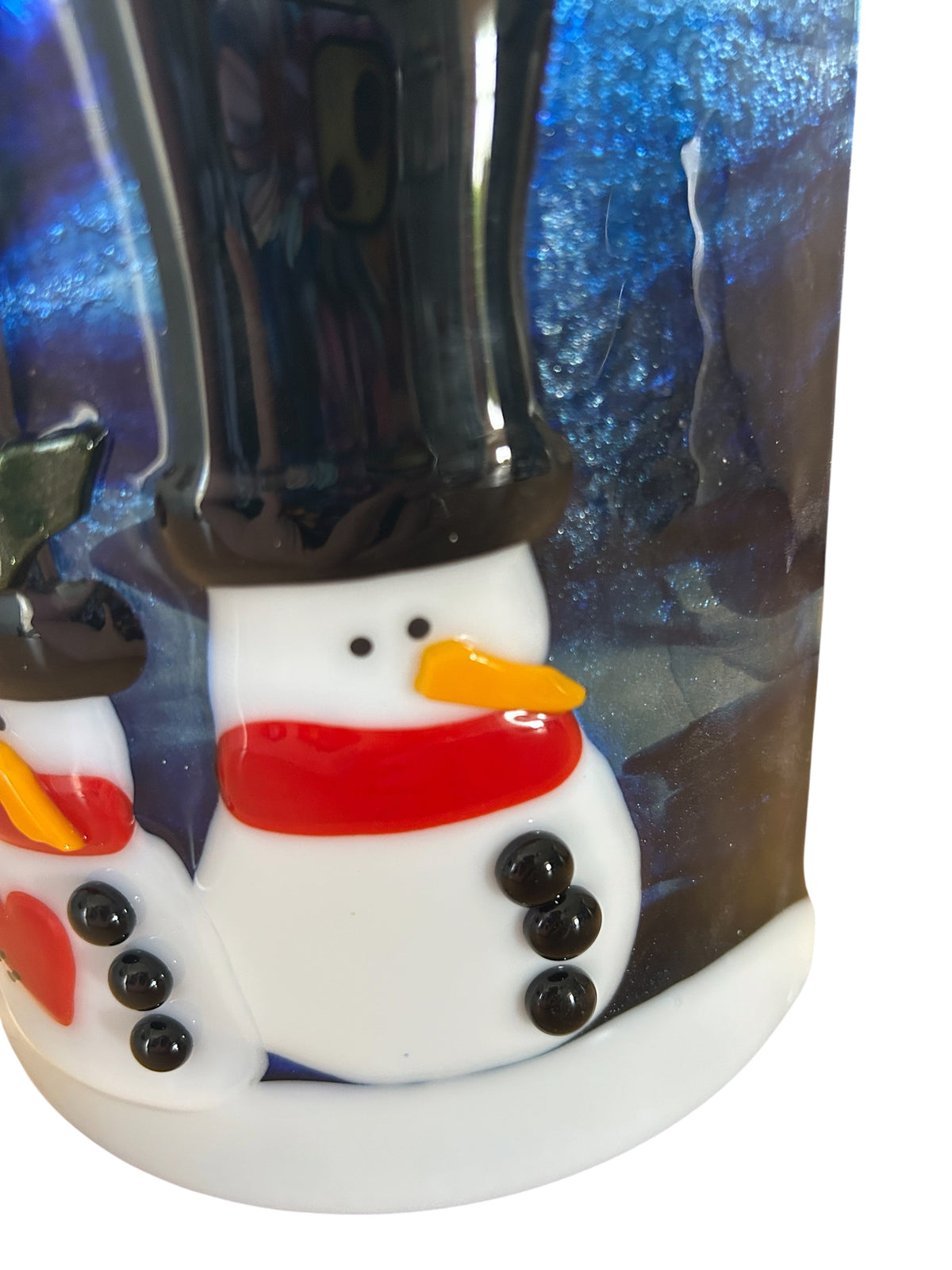 Homemade Fused Glass Candle Shield with Snowmen