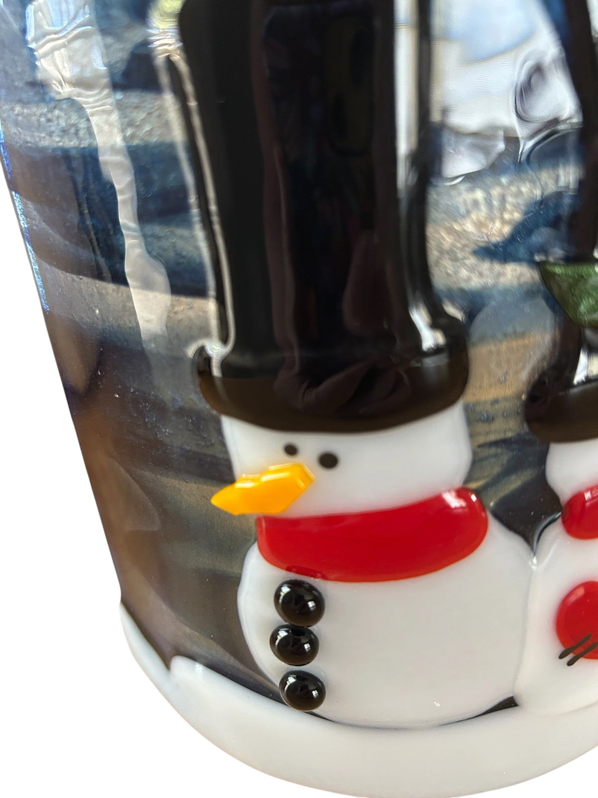 Homemade Fused Glass Candle Shield with Snowmen