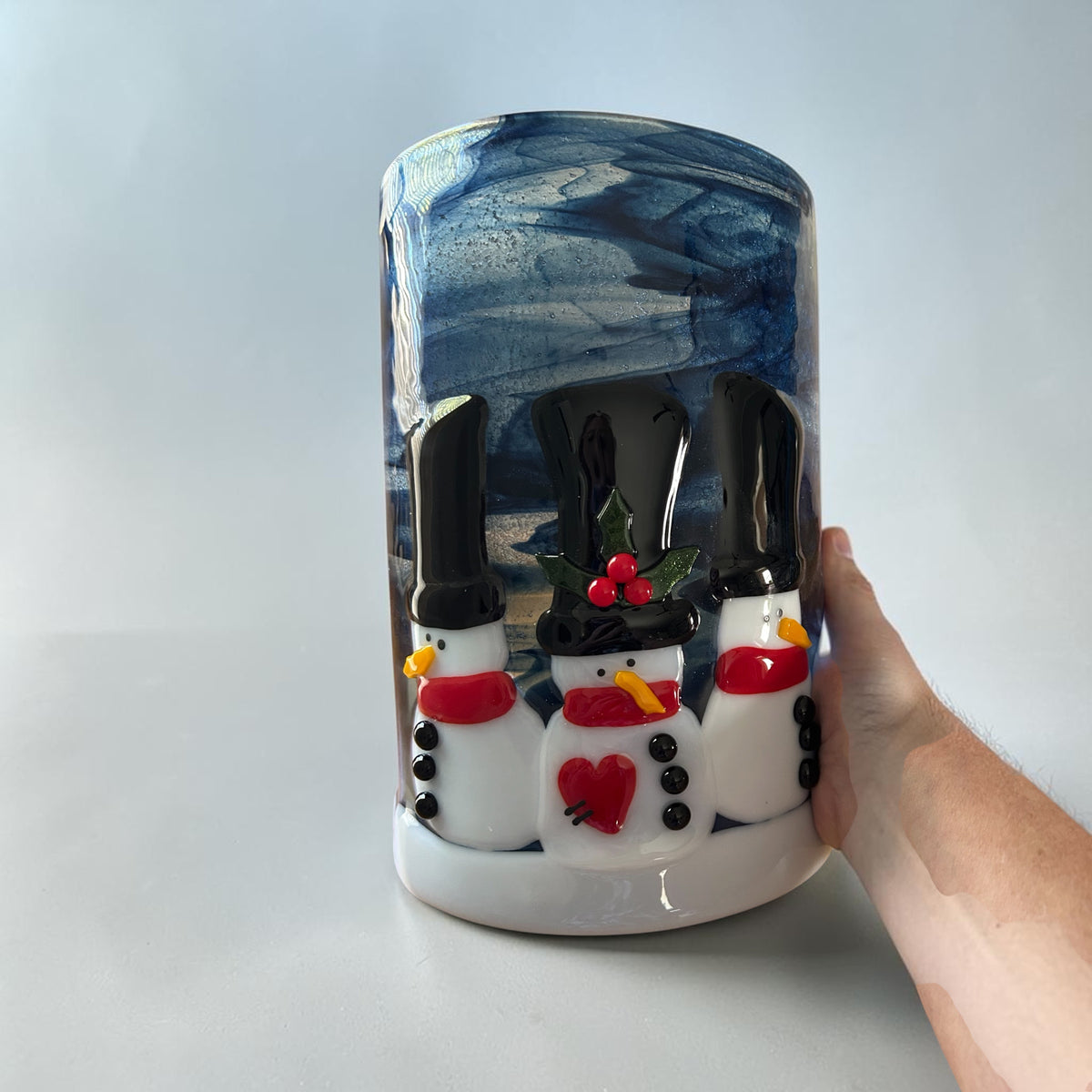 Homemade Fused Glass Candle Shield with Snowmen
