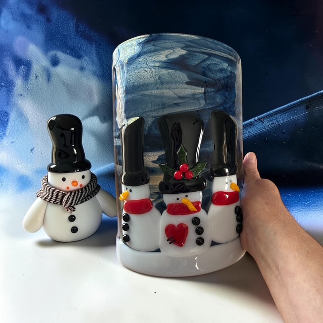 Homemade Fused Glass Candle Shield with Snowmen