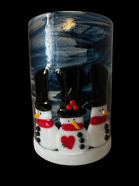 Homemade Fused Glass Candle Shield with Snowmen