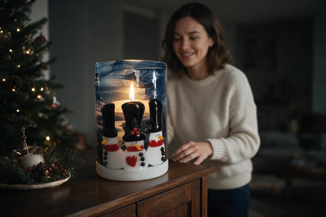 Homemade Fused Glass Candle Shield with Snowmen