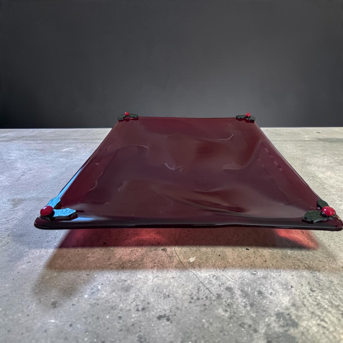 Homemade Fused Glass Christmas Tray with Ghost Images of Santa and Holly Berries in Garnet Red