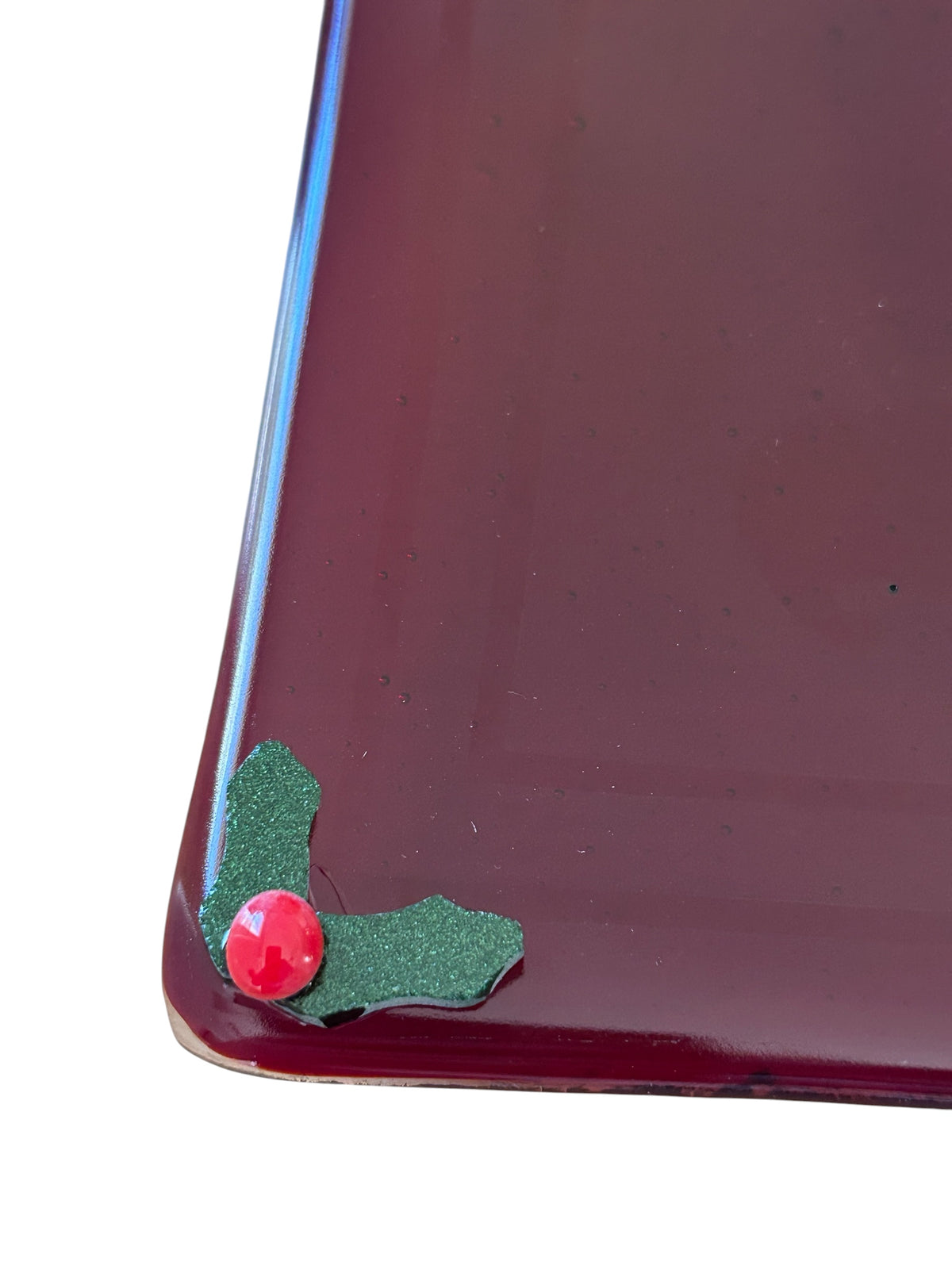 Homemade Fused Glass Christmas Tray with Ghost Images of Santa and Holly Berries in Garnet Red