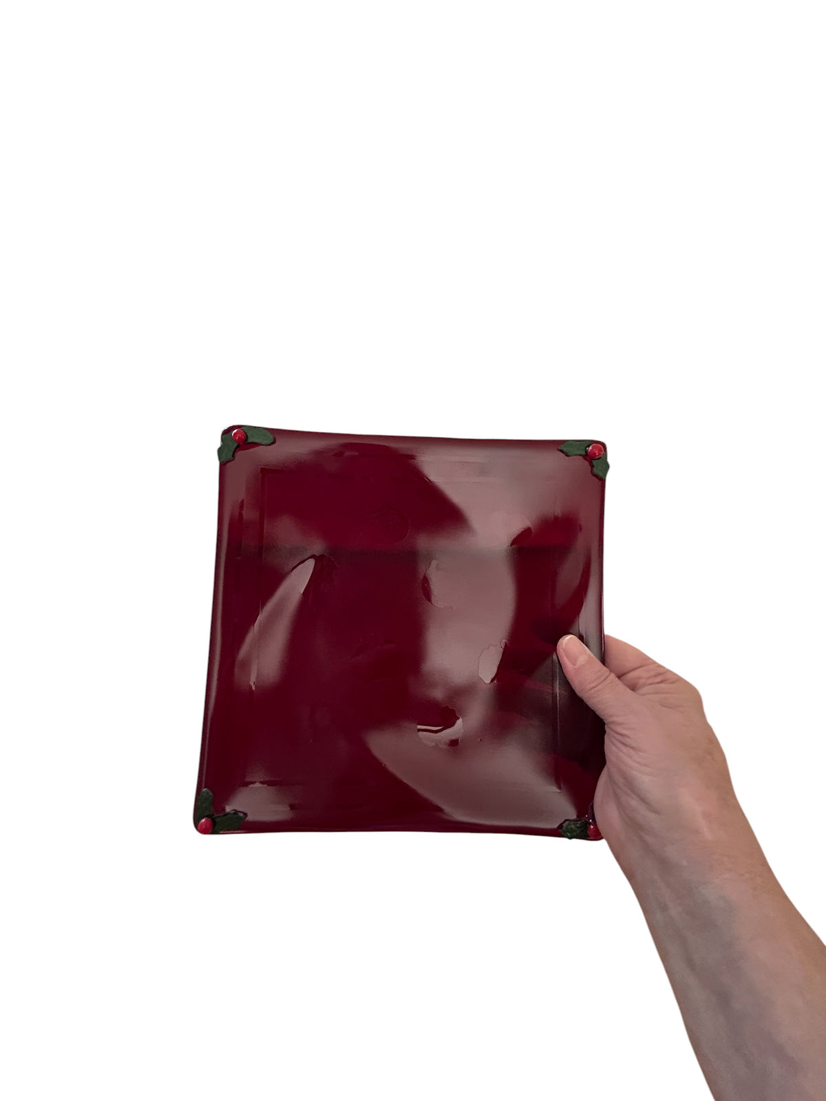 Homemade Fused Glass Christmas Tray with Ghost Images of Santa and Holly Berries in Garnet Red