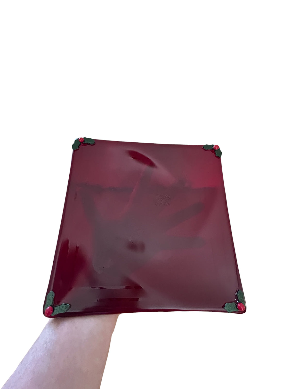 Homemade Fused Glass Christmas Tray with Ghost Images of Santa and Holly Berries in Garnet Red