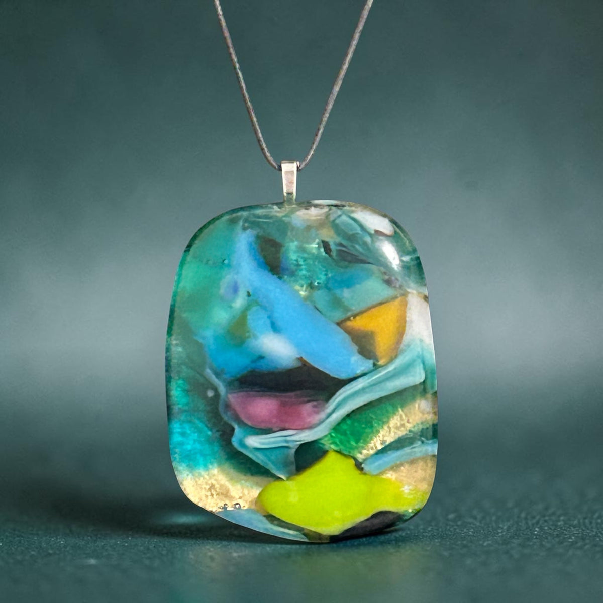 Fused Glass Pendant Necklace Winter #3, Kiln-Formed Glass with Liquid Gold Leaf and Adjustable Leather Cord