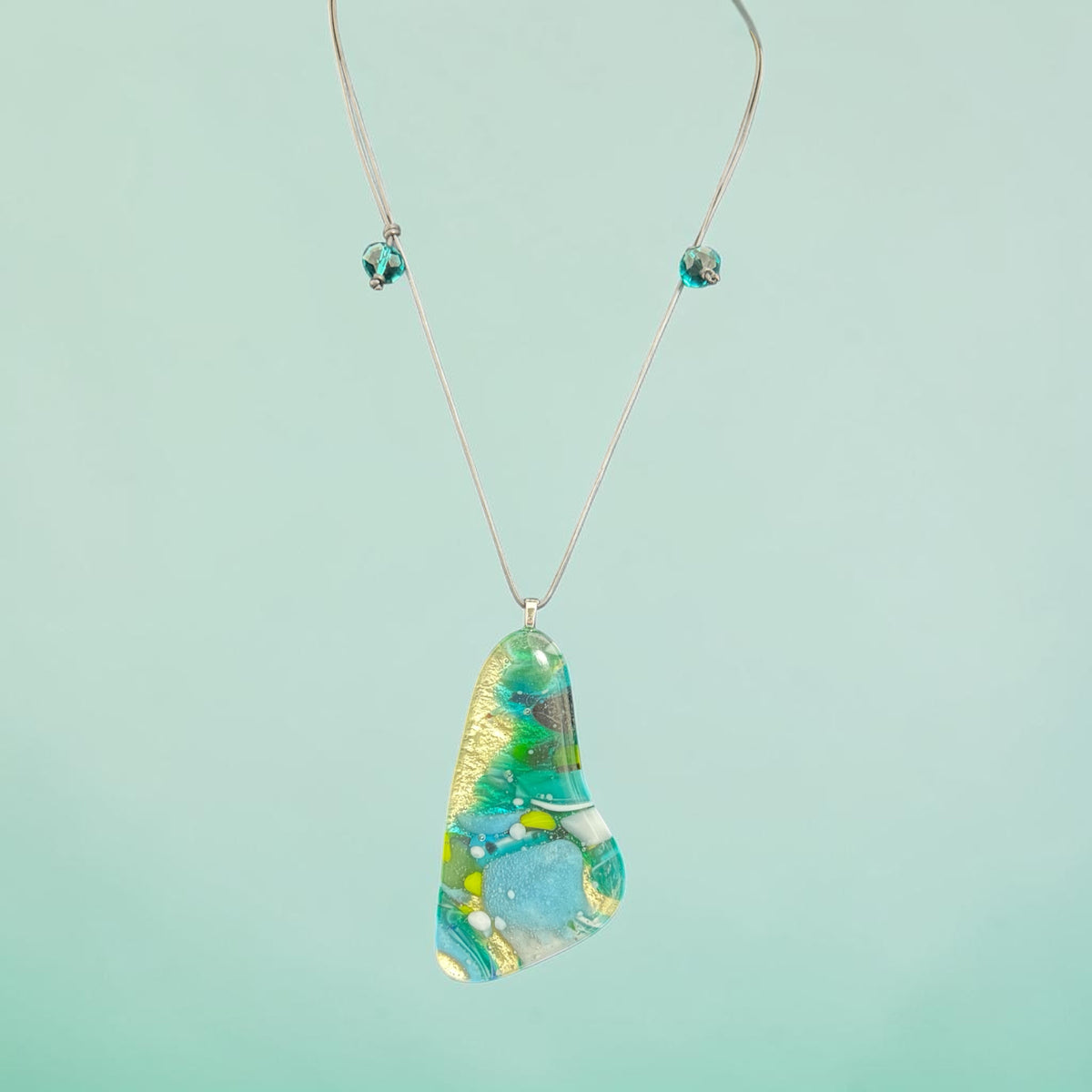 Fused Glass Pendant Necklace Winter #2, Kiln-Formed Glass with Liquid Gold Leaf and Adjustable Leather Cord