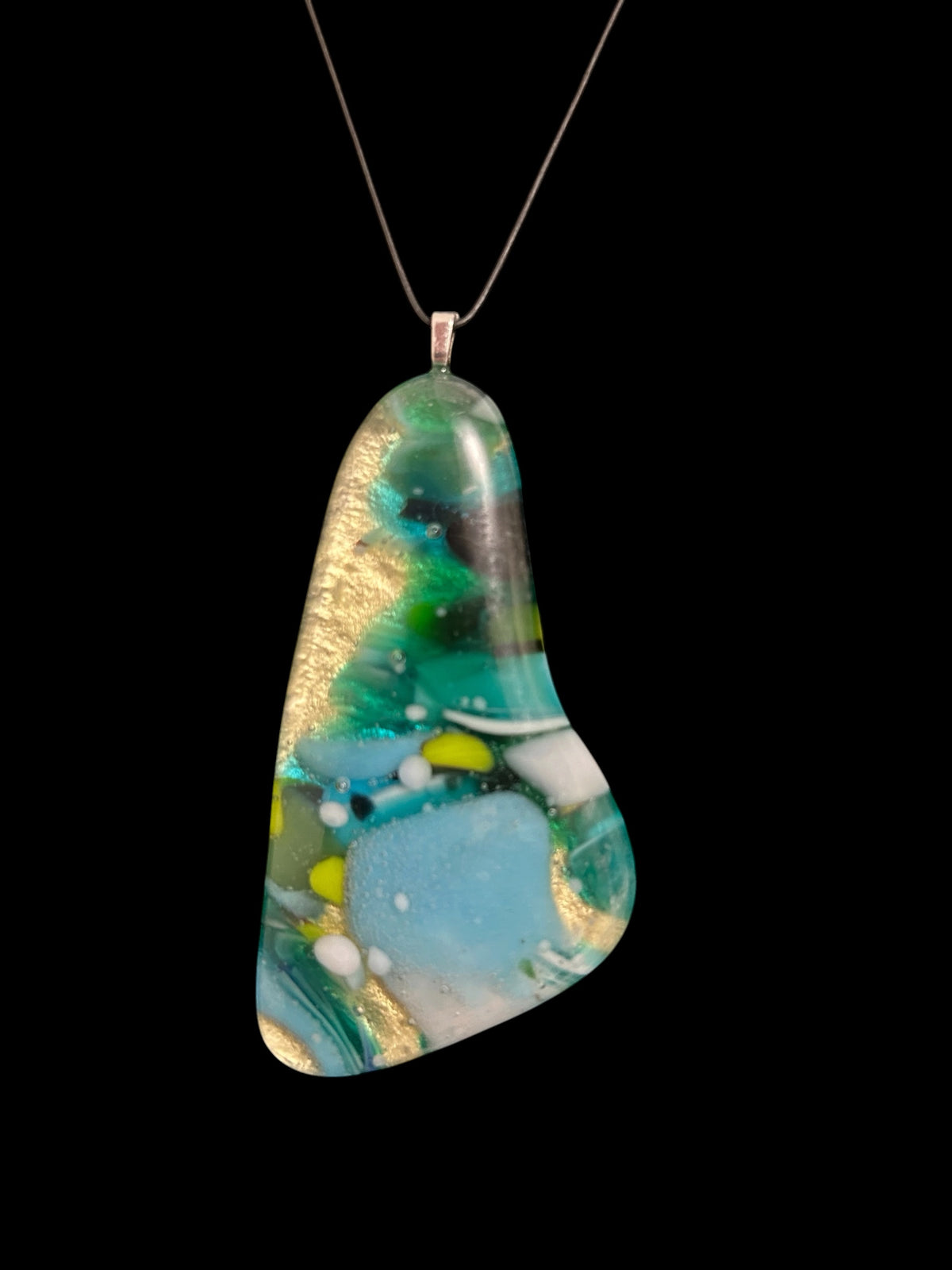 Fused Glass Pendant Necklace Winter #2, Kiln-Formed Glass with Liquid Gold Leaf and Adjustable Leather Cord
