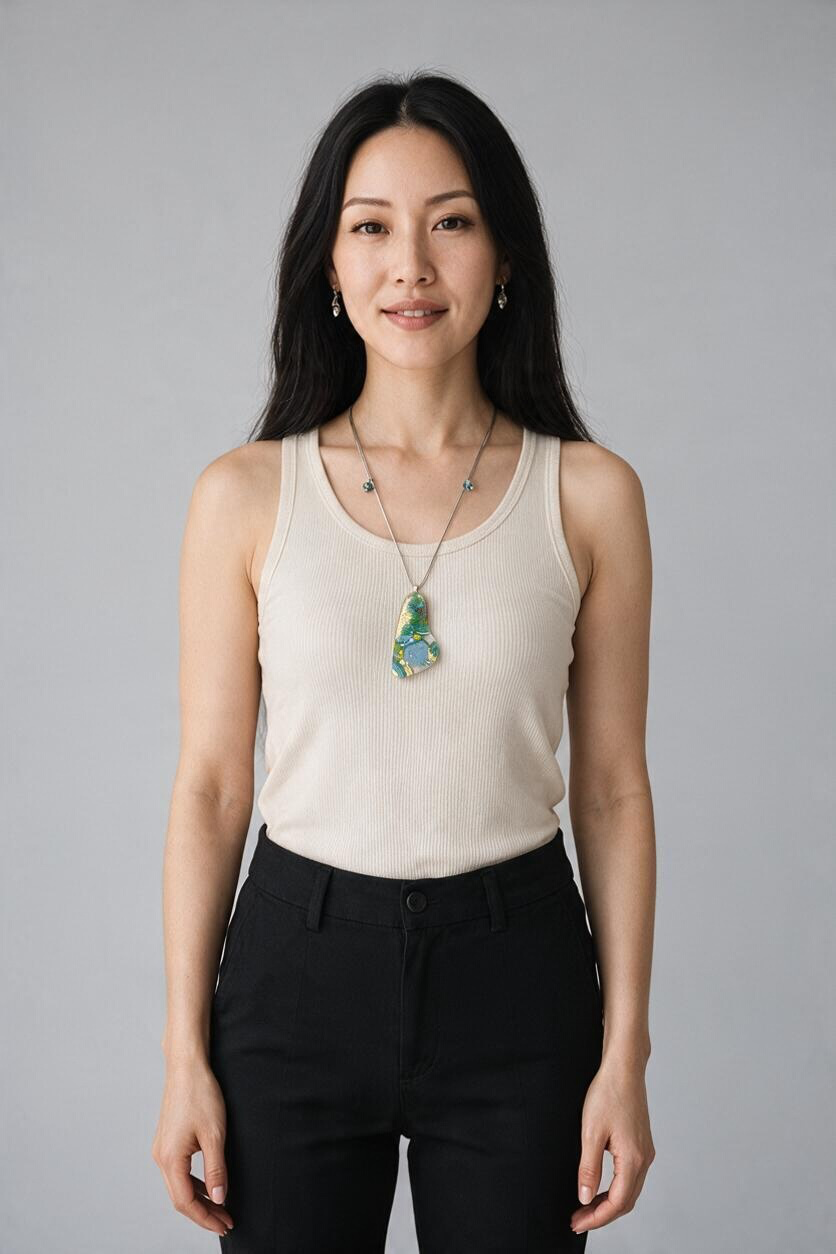 Fused Glass Pendant Necklace Winter #2, Kiln-Formed Glass with Liquid Gold Leaf and Adjustable Leather Cord