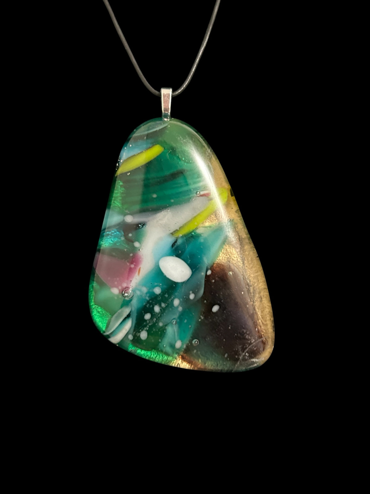Kiln-Formed Glass Pendant Necklace Winter #1 with Adjustable Leather Cord and Gold Leaf