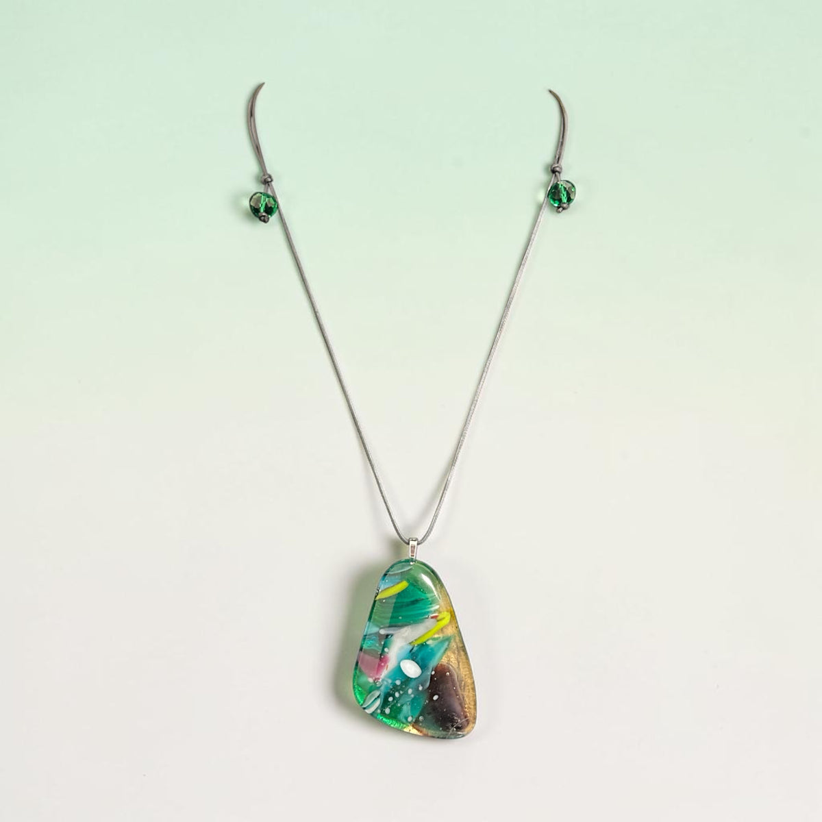 Kiln-Formed Glass Pendant Necklace Winter #1 with Adjustable Leather Cord and Gold Leaf