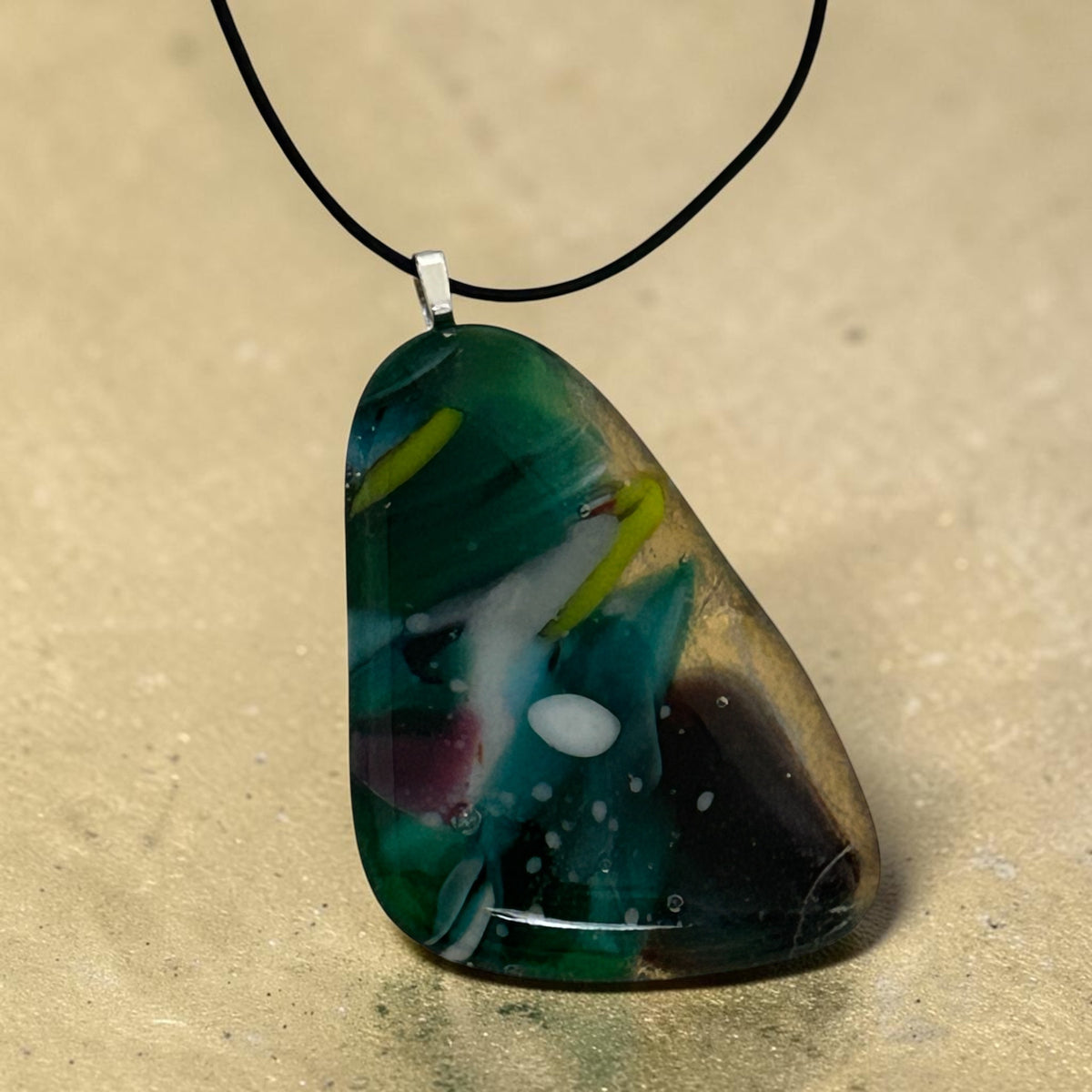 Kiln-Formed Glass Pendant Necklace Winter #1 with Adjustable Leather Cord and Gold Leaf