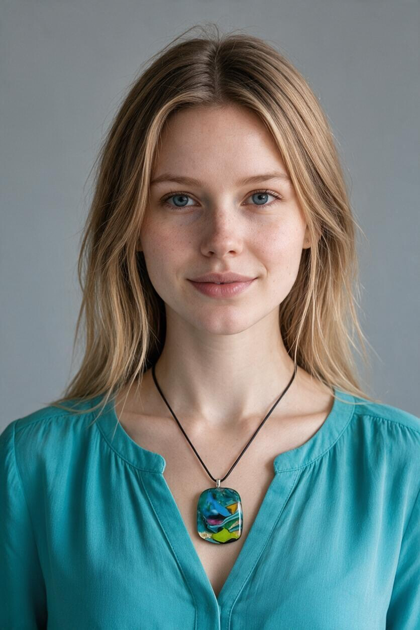 Fused Glass Pendant Necklace Winter #3, Kiln-Formed Glass with Liquid Gold Leaf and Adjustable Leather Cord