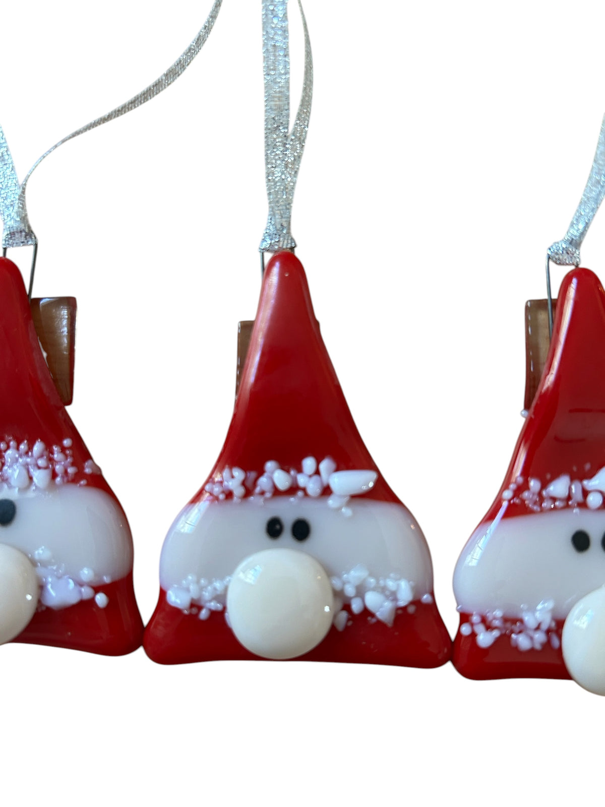 Big-Nose Santa Fused Glass Christmas Ornament Set of 3 with Silver Lame Ribbon