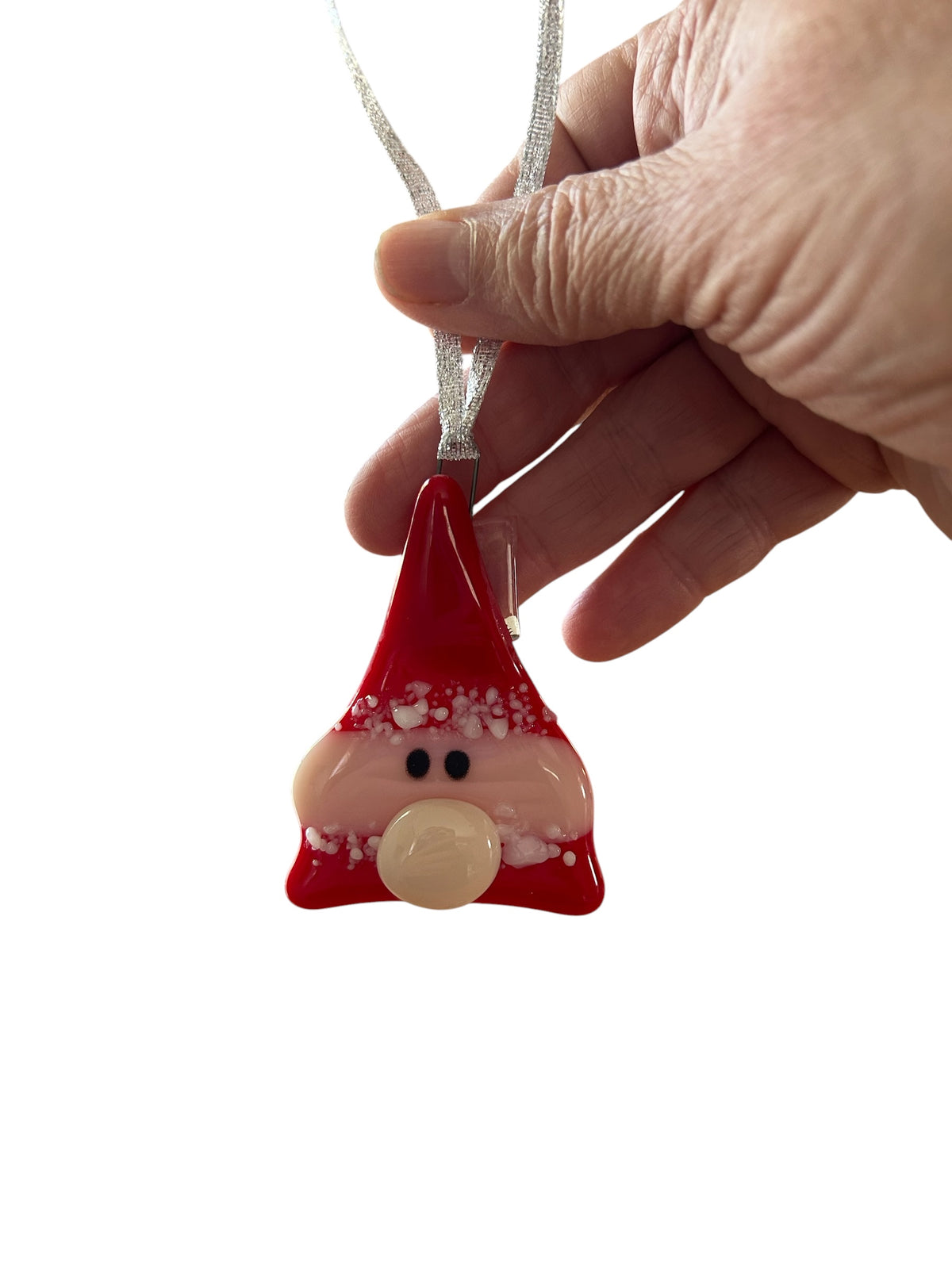 Big-Nose Santa Fused Glass Christmas Ornament Set of 3 with Silver Lame Ribbon