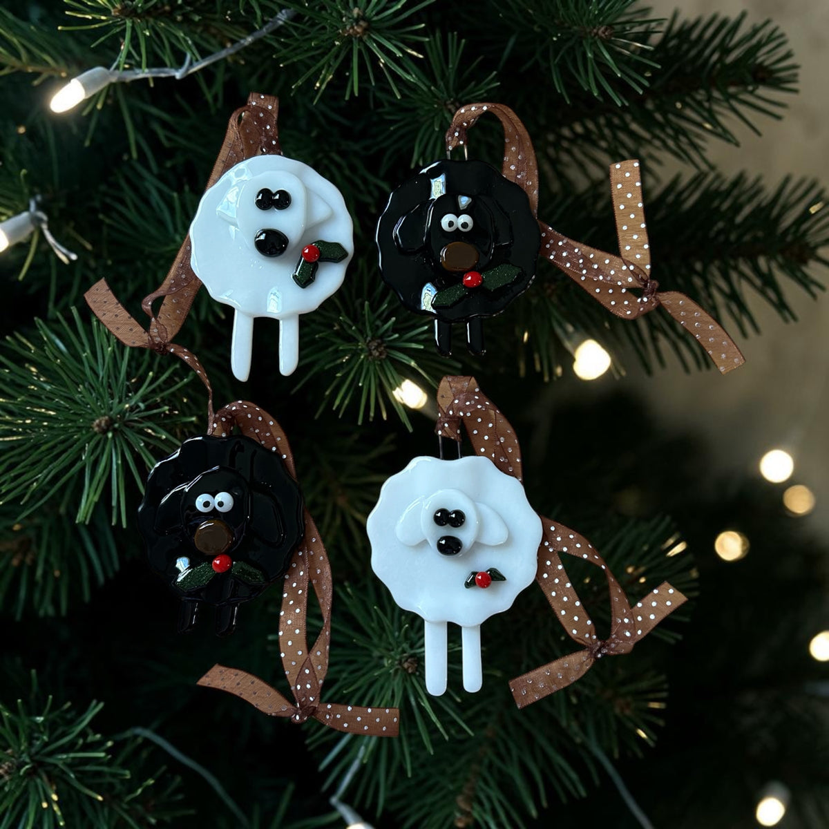Fused Glass Christmas Ornament, Sheep Design, 3 Inch, Black or White
