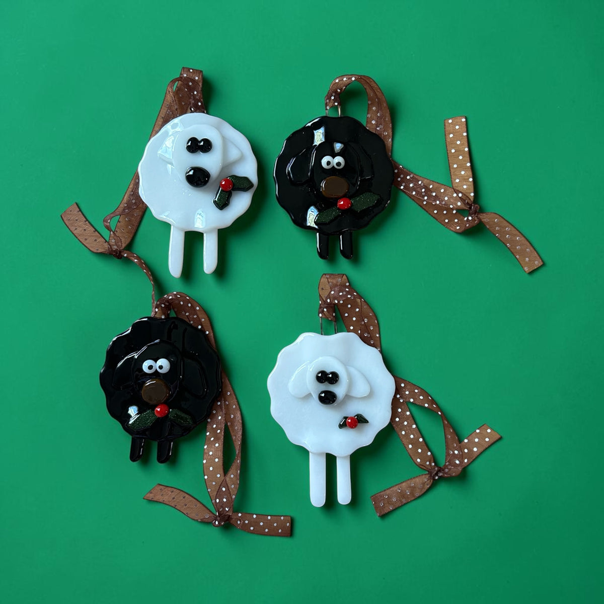 Fused Glass Christmas Ornament, Sheep Design, 3 Inch, Black or White