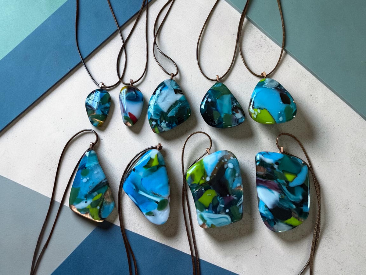 Kiln-Formed Glass Pendant Necklace with Gold Leaf, Winter Palette, 18 Inch Brown Waxed Leather Cord, Free Form Shape