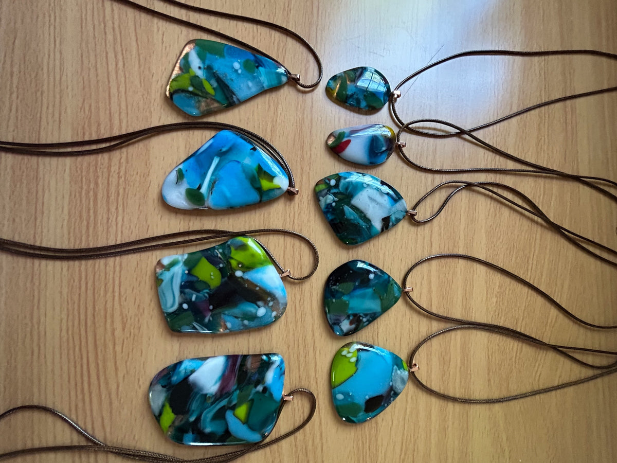 Kiln-Formed Glass Pendant Necklace with Gold Leaf, Winter Palette, 18 Inch Brown Waxed Leather Cord, Free Form Shape