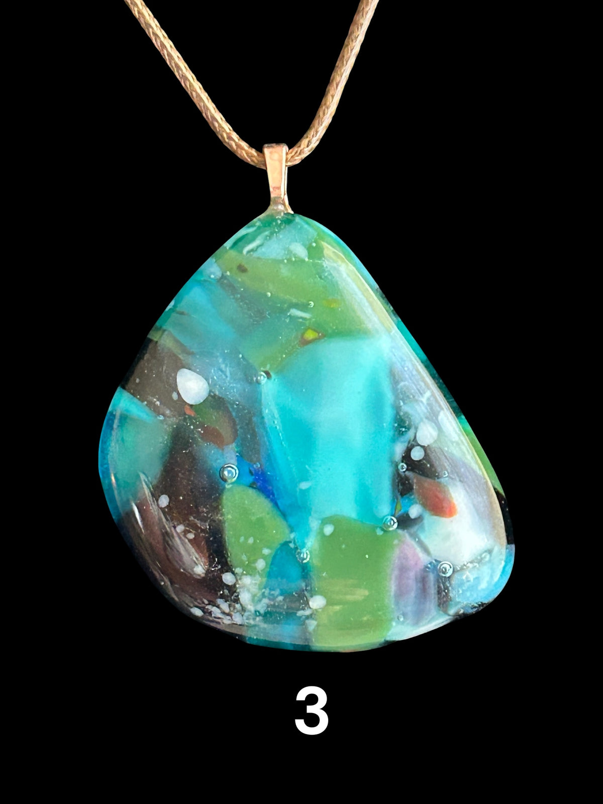 Kiln-Formed Glass Pendant Necklace with Gold Leaf, Winter Palette, 18 Inch Brown Waxed Leather Cord, Free Form Shape
