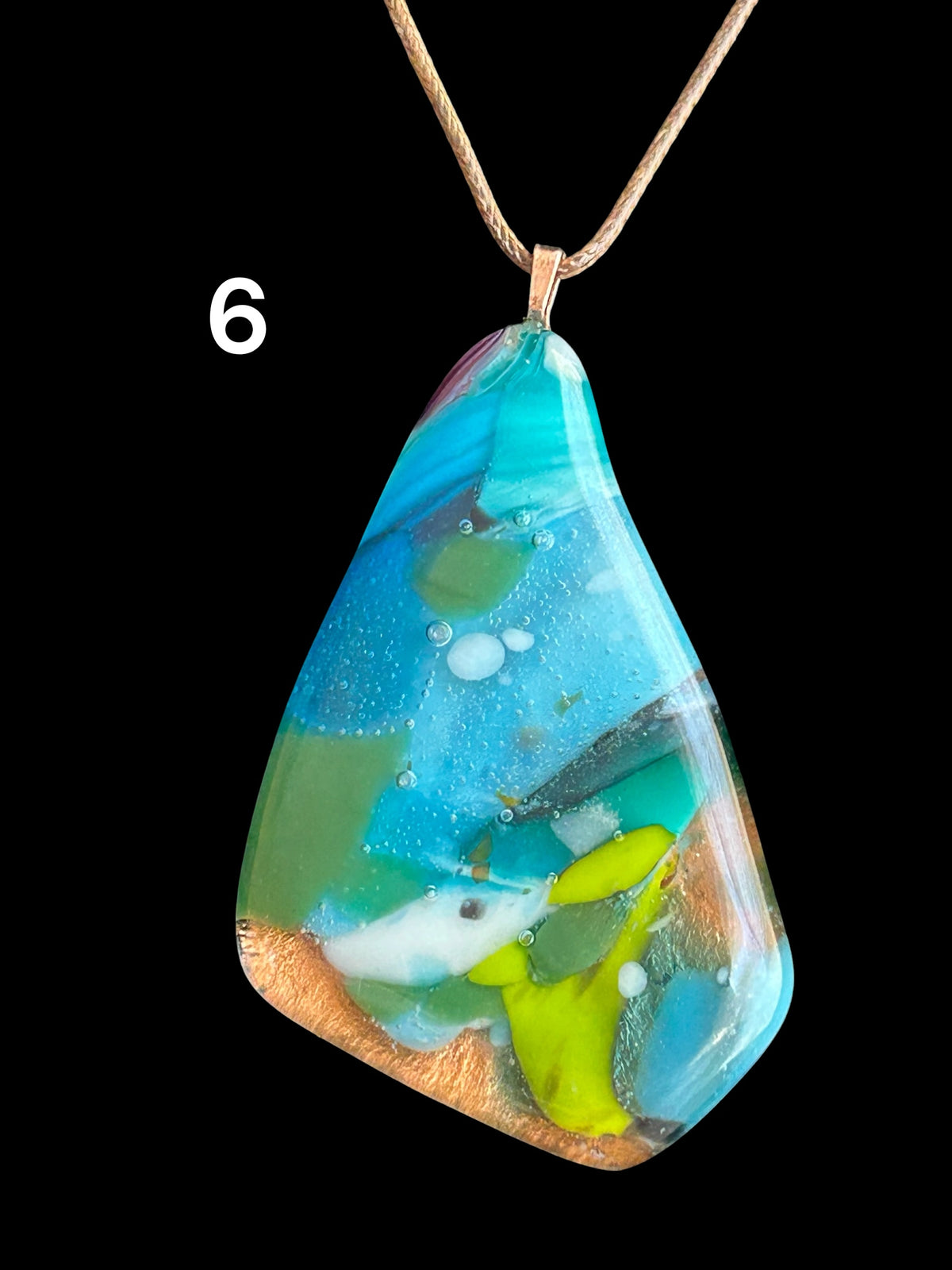 Kiln-Formed Glass Pendant Necklace with Gold Leaf, Winter Palette, 18 Inch Brown Waxed Leather Cord, Free Form Shape