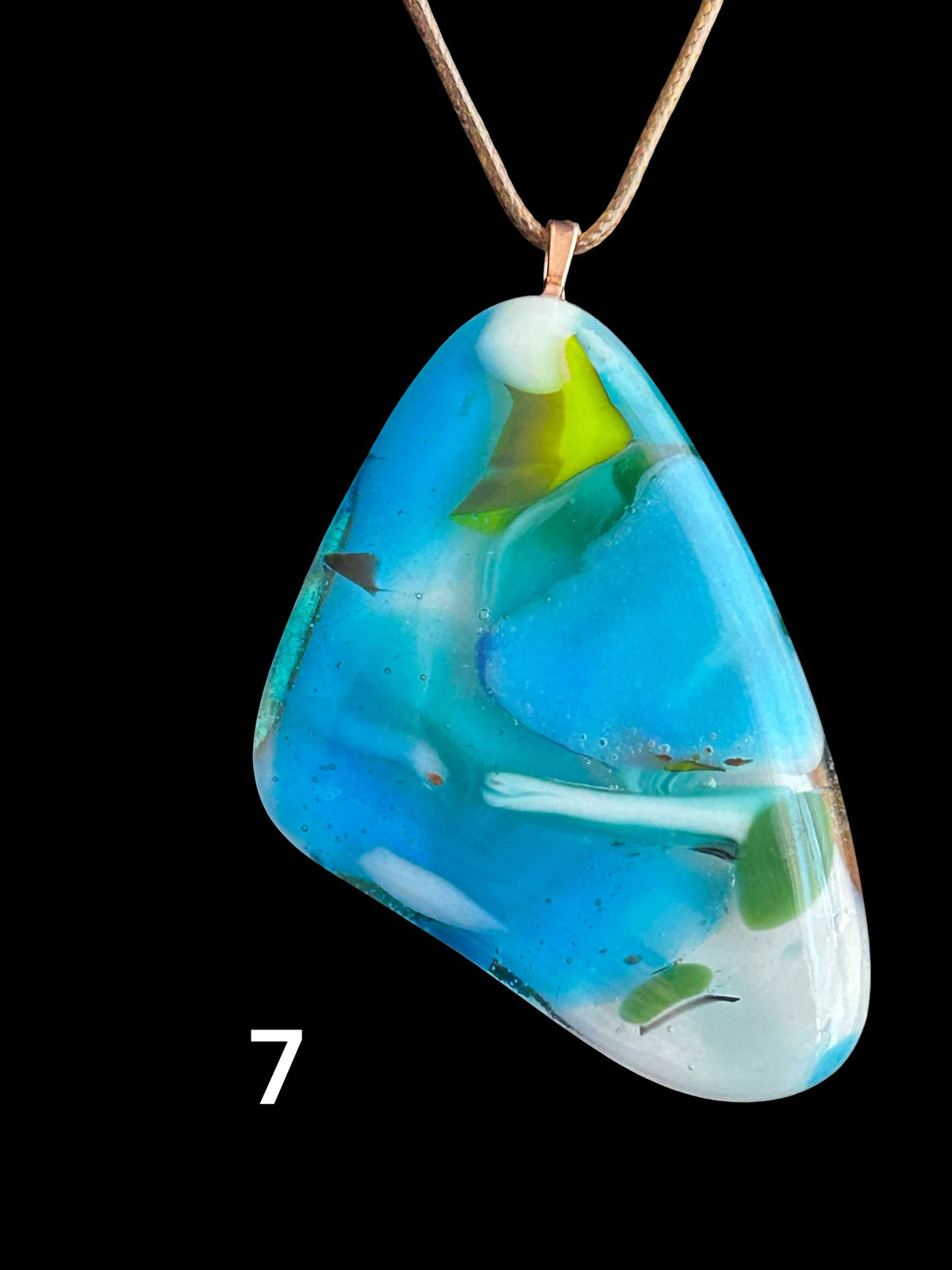 Kiln-Formed Glass Pendant Necklace with Gold Leaf, Winter Palette, 18 Inch Brown Waxed Leather Cord, Free Form Shape