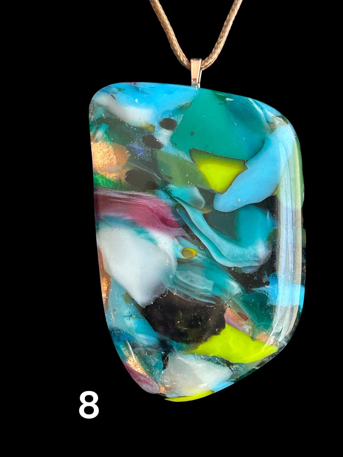 Kiln-Formed Glass Pendant Necklace with Gold Leaf, Winter Palette, 18 Inch Brown Waxed Leather Cord, Free Form Shape