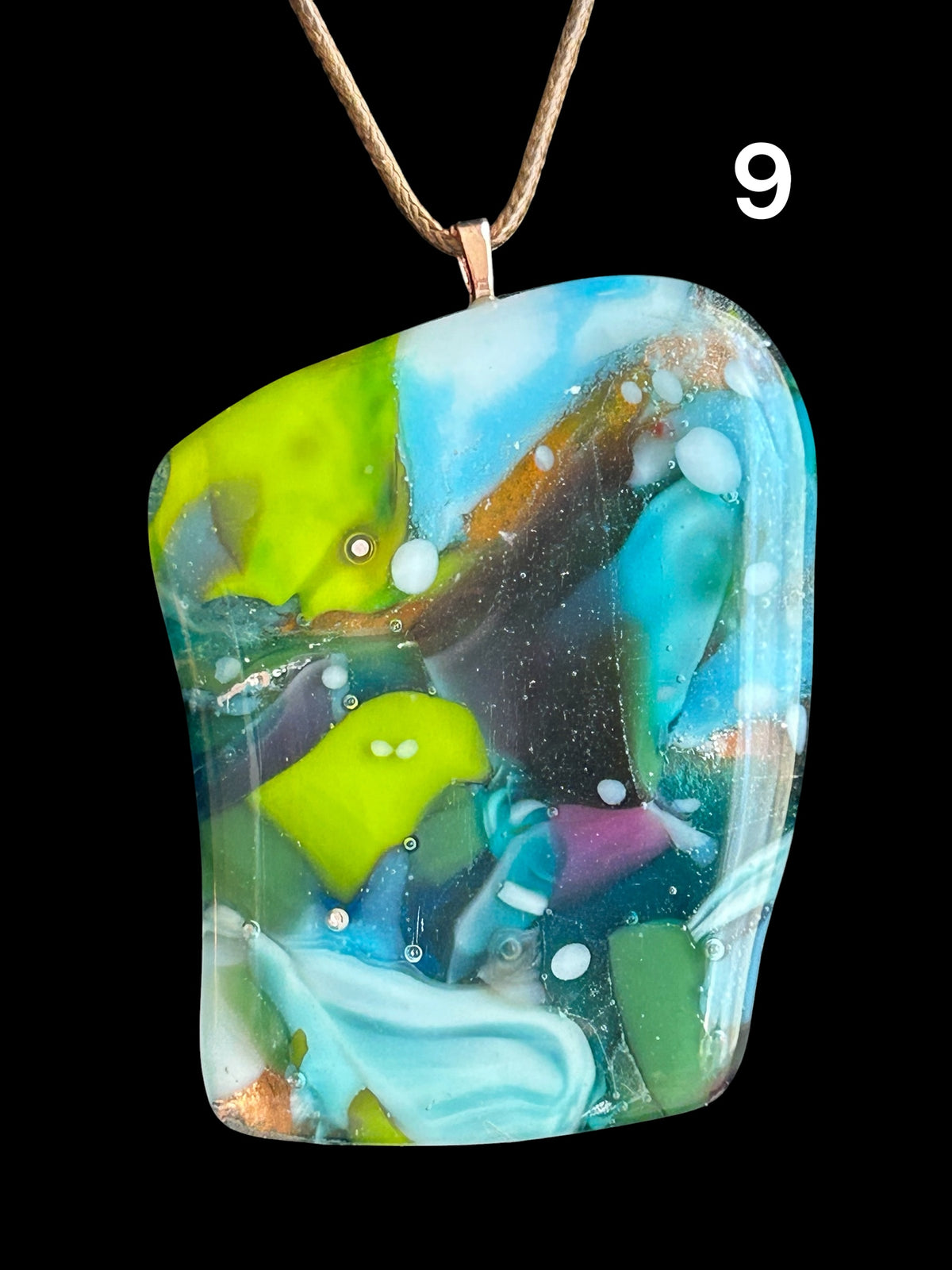 Kiln-Formed Glass Pendant Necklace with Gold Leaf, Winter Palette, 18 Inch Brown Waxed Leather Cord, Free Form Shape