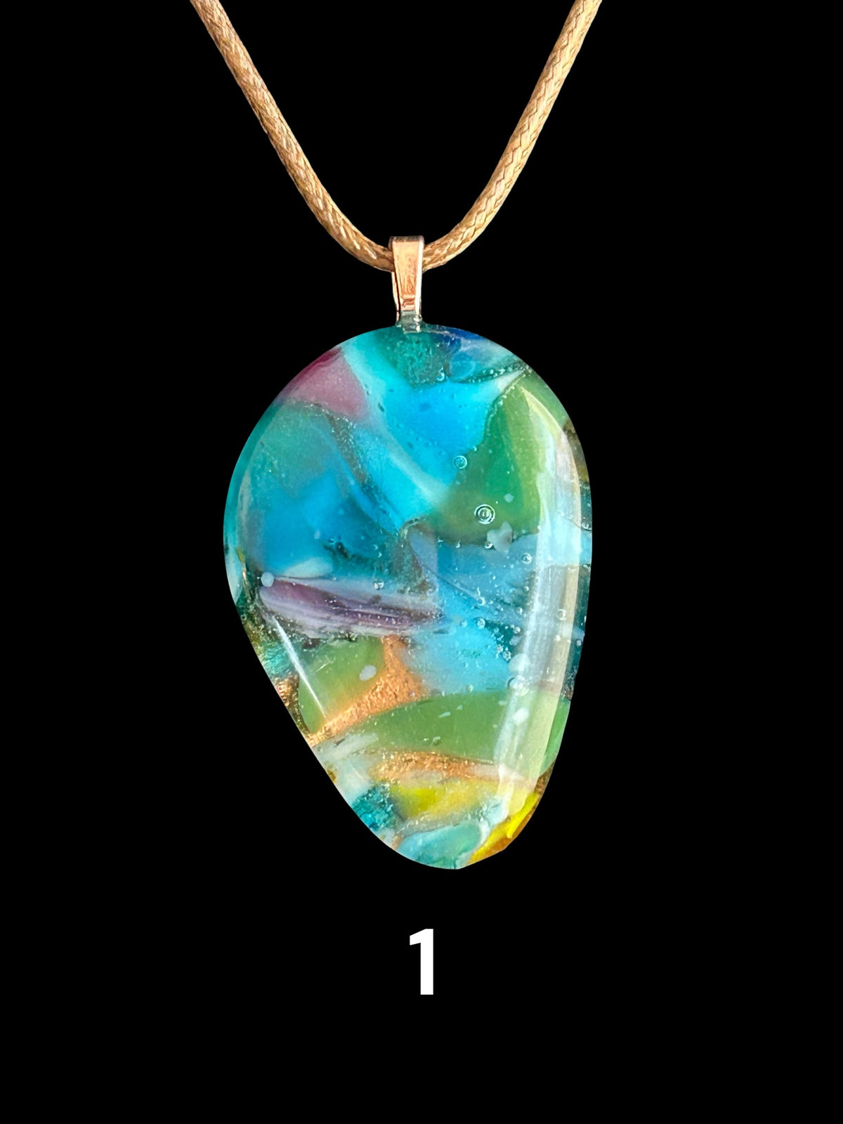 Kiln-Formed Glass Pendant Necklace with Gold Leaf, Winter Palette, 18 Inch Brown Waxed Leather Cord, Free Form Shape
