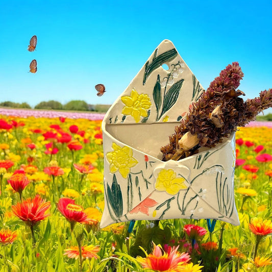 Textured and Hand-Painted Pocket Vase #52 with Poppies, Daffodils, and Lily of the Valley