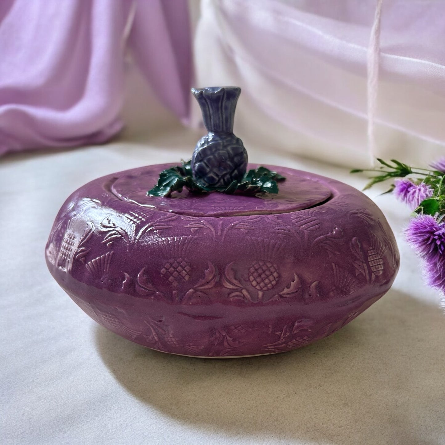 Textured Puffy Jar #1 and Lid with Sculpted Scottish Thistle Topper