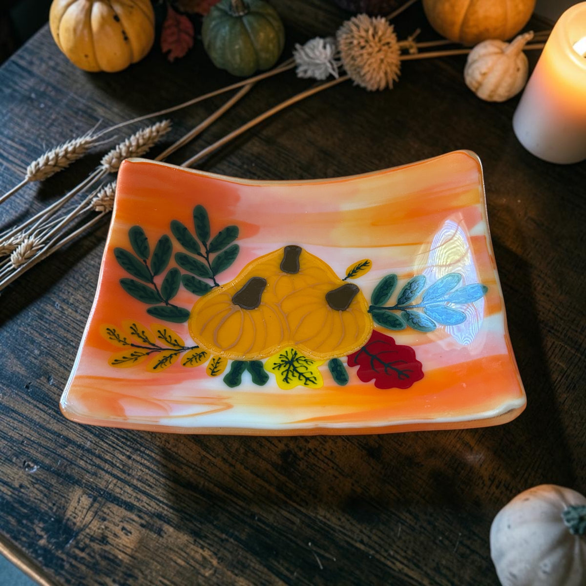 Homemade Fused Glass Tray with Thanksgiving Pumpkins