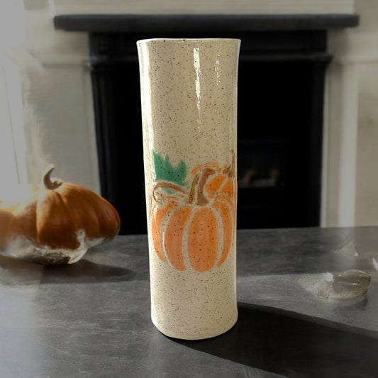 Tall Cylinder Vase with Stenciled Pumpkins on Speckled Clay