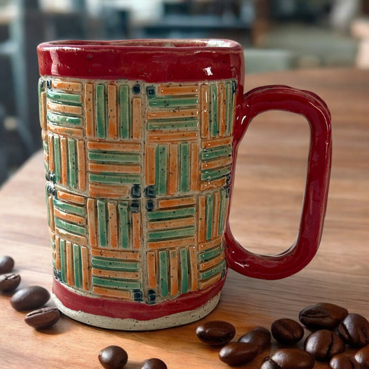 Quilt Stamped Mug #16 in Red, Orange, and Green