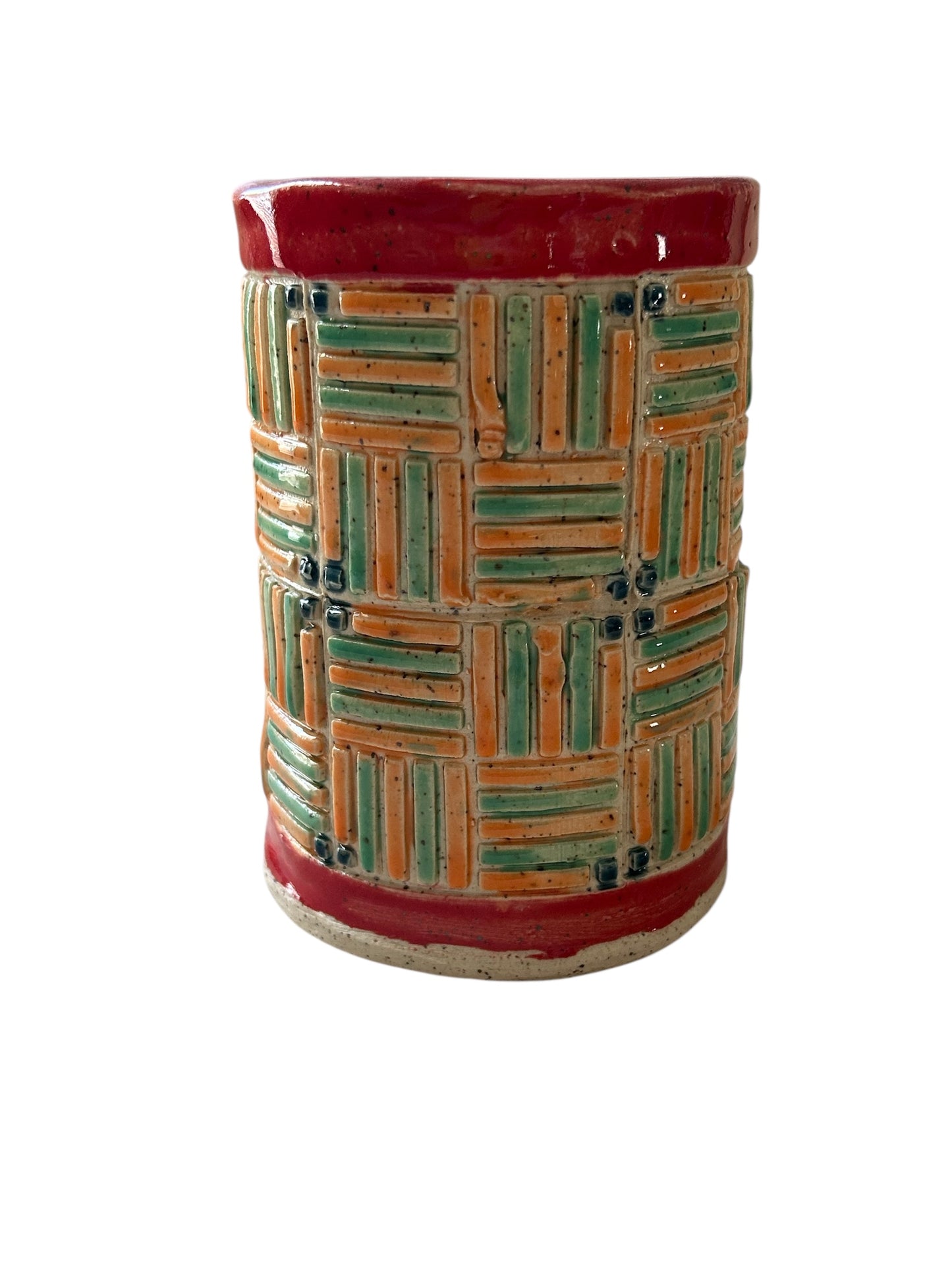 Quilt Stamped Mug #16 in Red, Orange, and Green