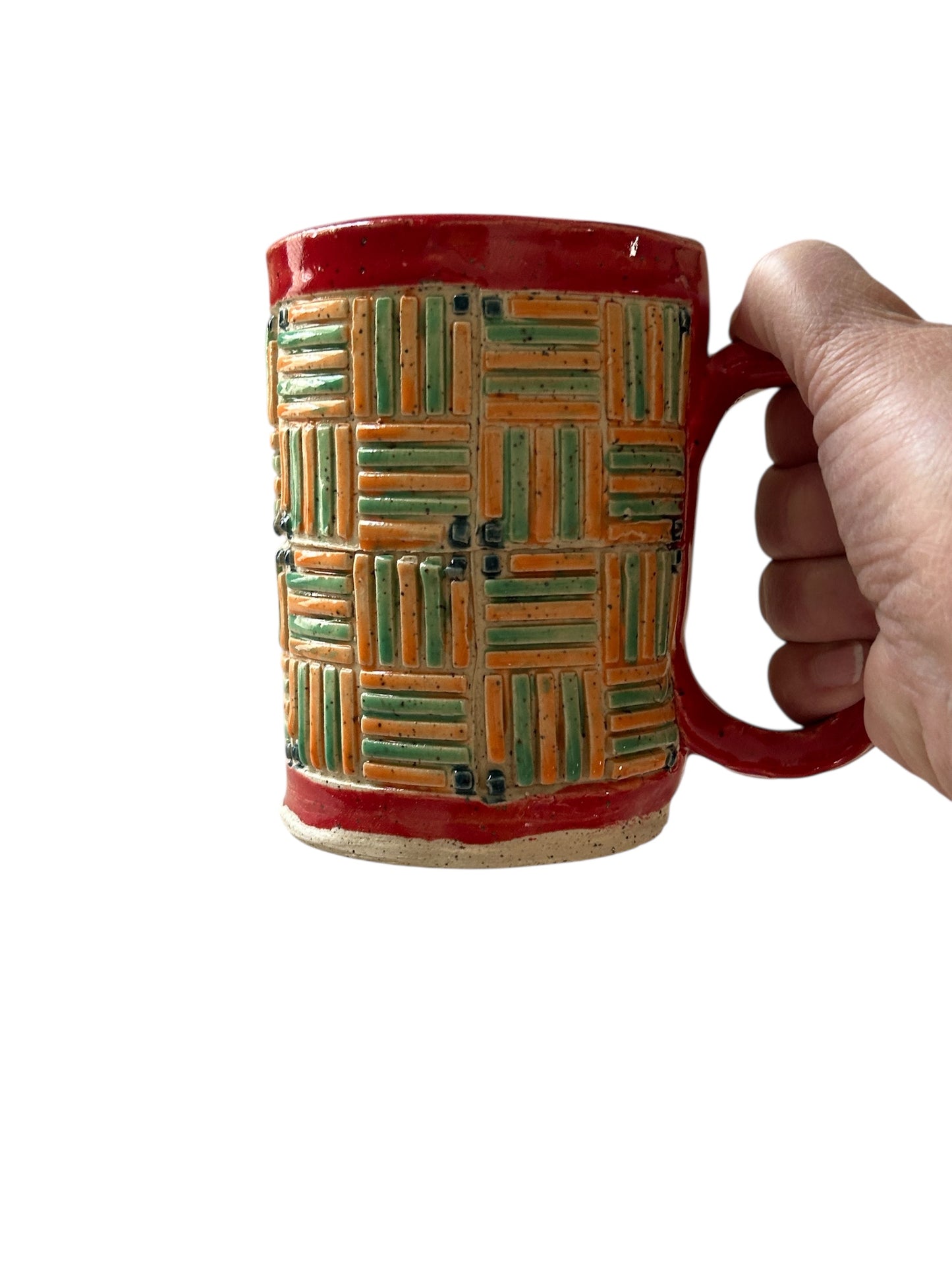 Quilt Stamped Mug #16 in Red, Orange, and Green