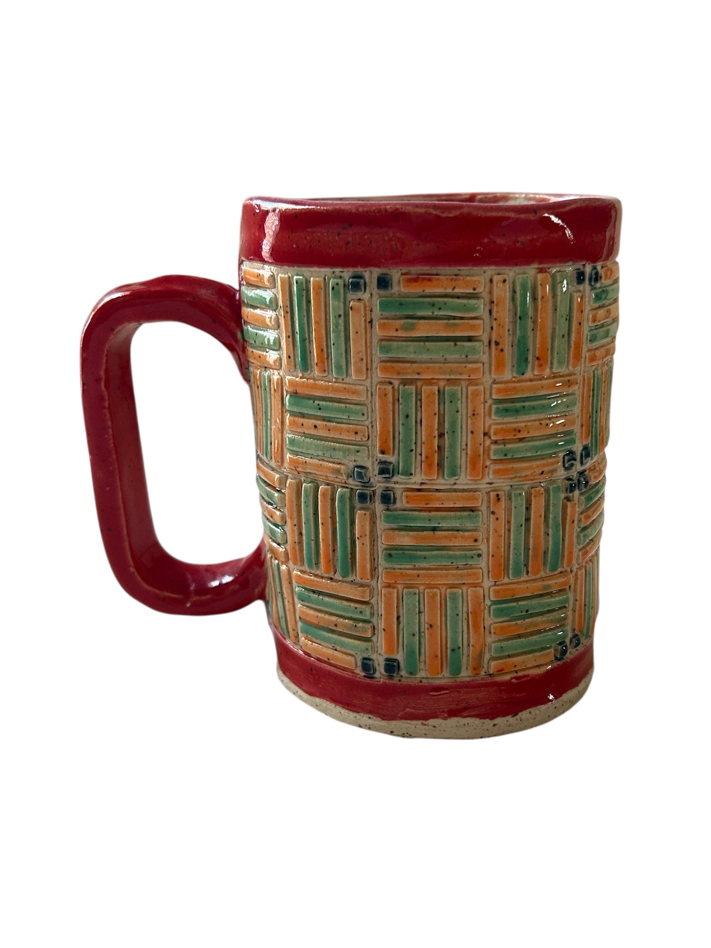 Quilt Stamped Mug #16 in Red, Orange, and Green