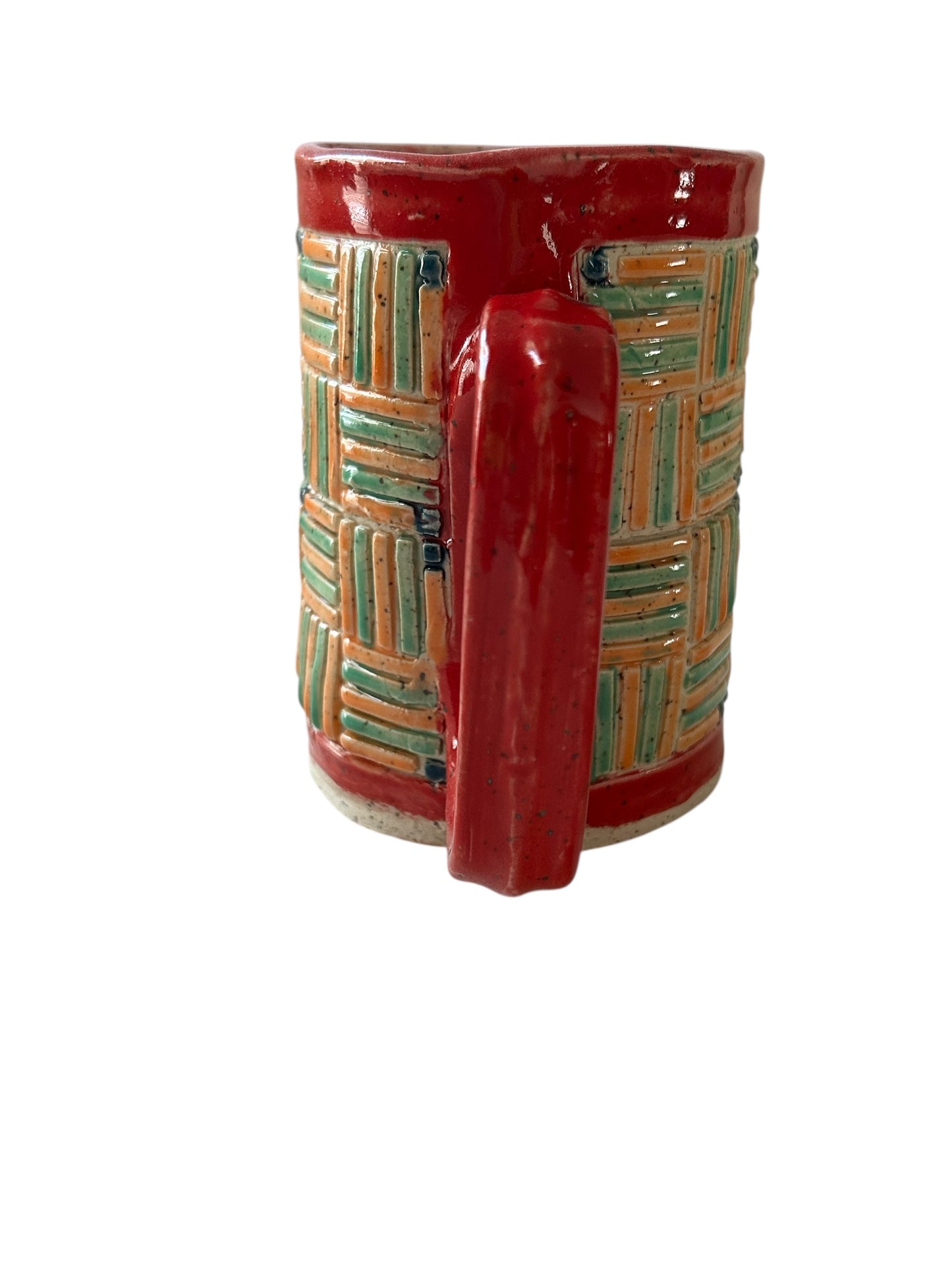 Quilt Stamped Mug #16 in Red, Orange, and Green