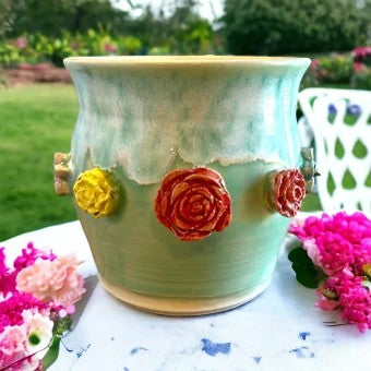 Small Planter #12 with Sprigged Flowers in Mint Green